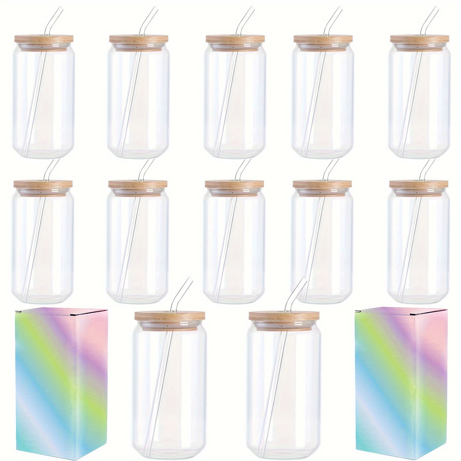 12pack 12-Piece Clear Glass Cups with Bamboo Lids, Straws, Brushes, and Gift Box
